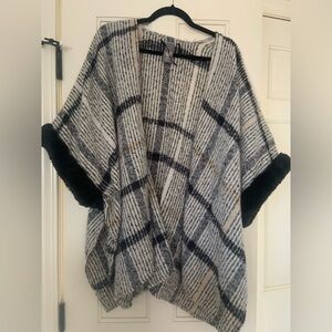 Vince Camuto Black and Cream Plaid Poncho with Faux Fur Accents
